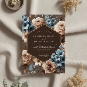 Convite Casamento Elegância Flor de Azul Empoeirado
