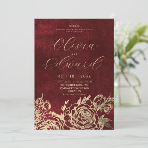 Convite Casamento Elegância Floral Dourado Borgonha