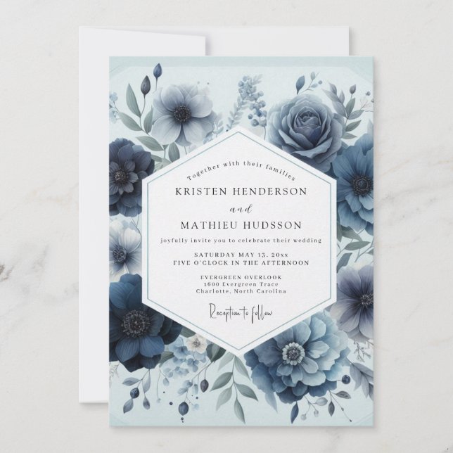 Convite Casamento Elegância Floral Marinho (Frente)