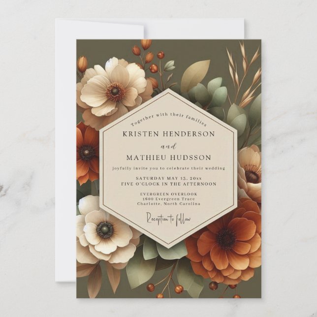 Convite Casamento Elegância Floral Outonal Âmbar (Frente)