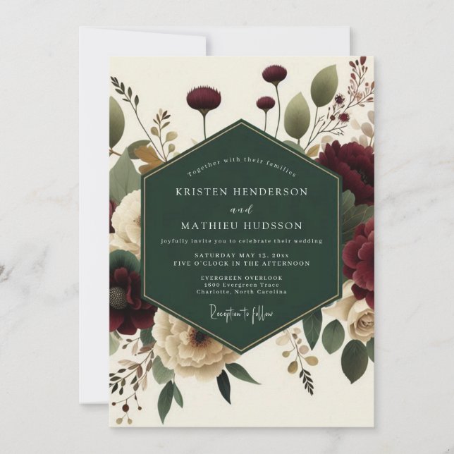 Convite Casamento Elegância Romântica Maroon Bloom (Frente)