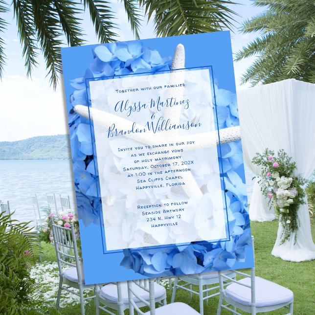 Convite Casamento Elegante à Beira-Mar Flores Azuis Estrel (Criador carregado)