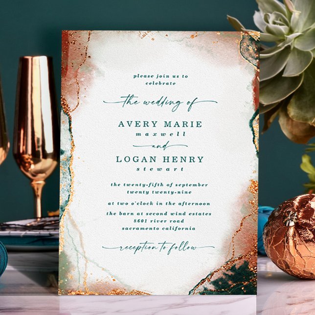 Convite Casamento Elegante Abstrato Watercolor Teal & Copp (Teal and Copper Abstract Wedding Invitations)