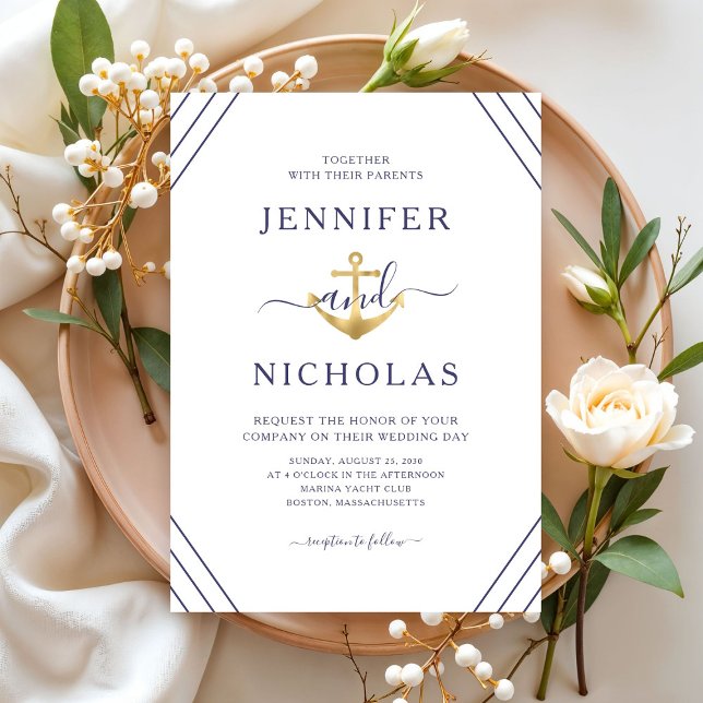 Convite Casamento Elegante Âncora Náutica  (Elegant Nautical Anchor Wedding Invitation)
