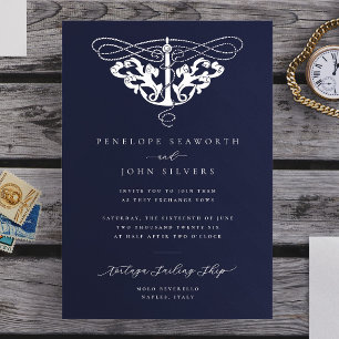 Convite Casamento Elegante Âncora Náutica Azul Marinho