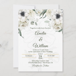 Convite Casamento Elegante Anêmona Preto Branco Verde