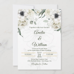 Convite Casamento Elegante Anêmona Preto Branco Verde