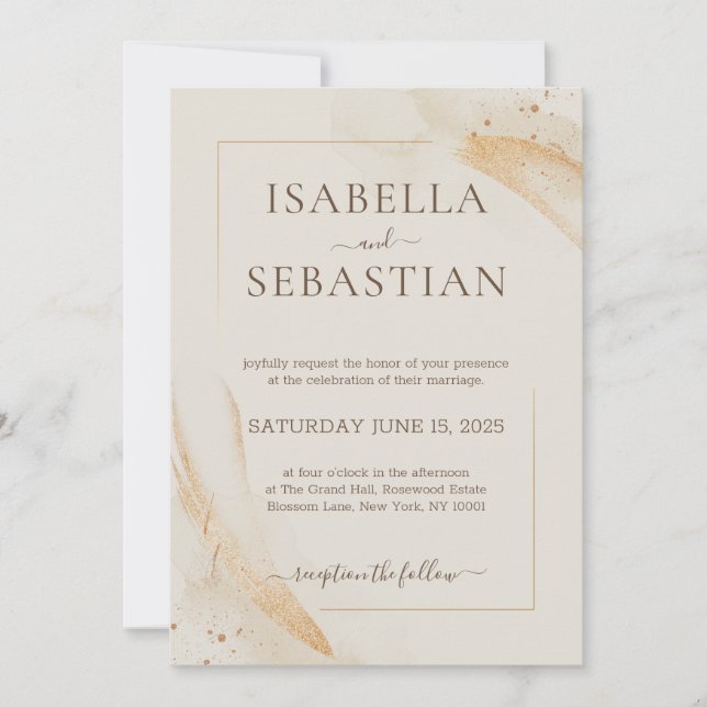 Convite Casamento Elegante Aquarela Marfim (Frente)