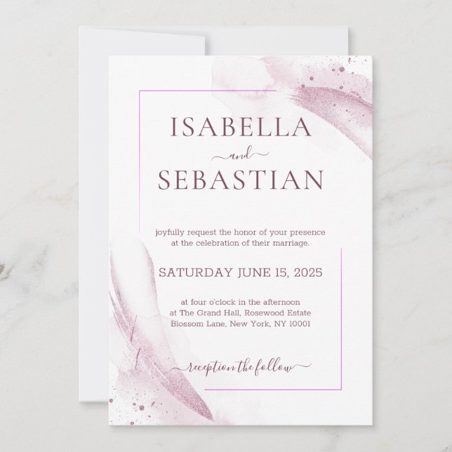 Convite Casamento Elegante Aquarela Rosa (Frente)