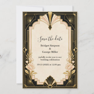Convite Casamento Elegante Art Déco com Peônia Dourada