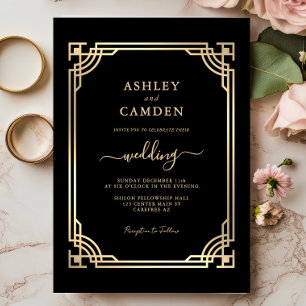 Convite Casamento Elegante Art Deco em Moldura Dourada