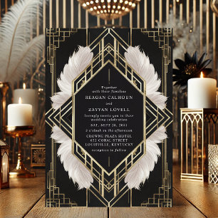 Convite Casamento Elegante Art Déco Preto e Dourado com Pe