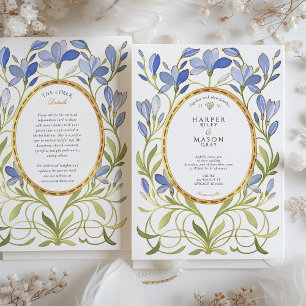 Convite Casamento Elegante Art Nouveau em Azul Desbotado e