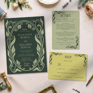 Convite Casamento Elegante Art Nouveau Musgo Verde Escuro 