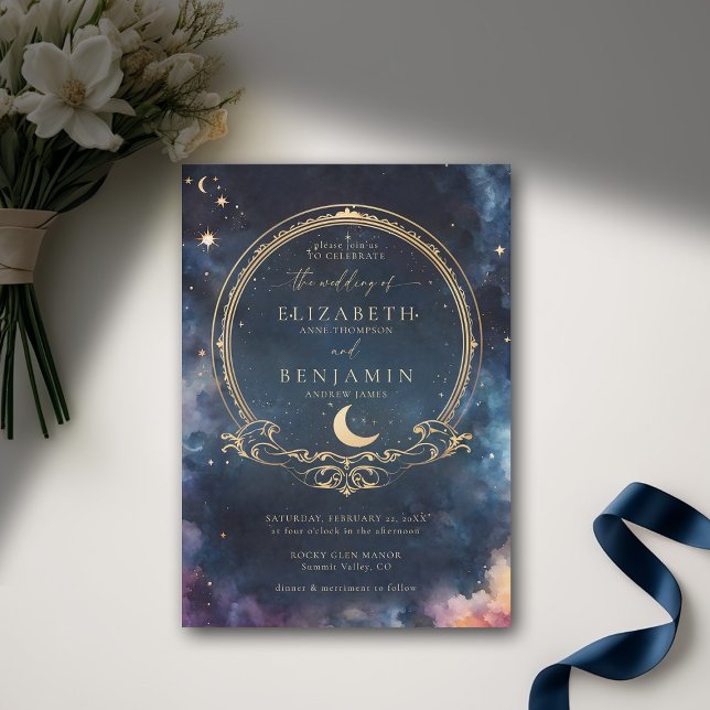 Convite Casamento Elegante Azul Celestial Waters Midnight (celestial wedding invitation elegant frame watercolor moon stars sky modern classic)