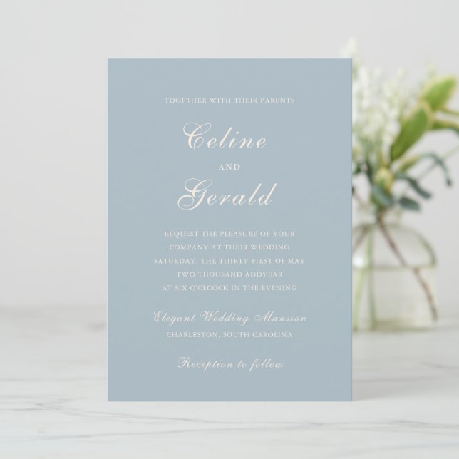 Convite Casamento Elegante Azul Clássico Muted (Em pé/Frente)