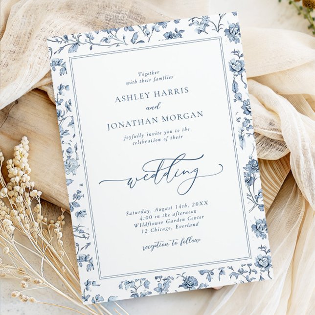 Convite Casamento Elegante Azul com Chinoiserie (Criador carregado)