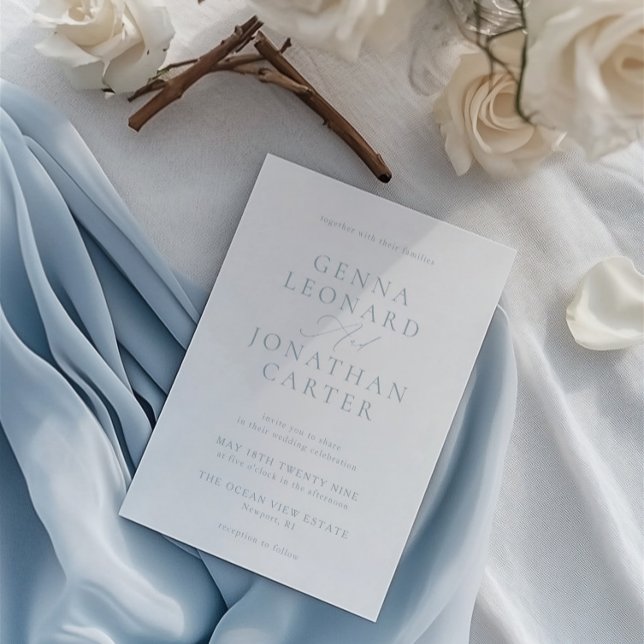 Convite Casamento Elegante Azul e Branco Simples (Simple Dusty Blue & White Elegant Wedding Invitation)