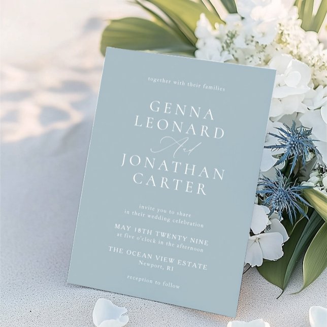 Convite Casamento Elegante Azul e Branco Simples (Simple Dusty Blue & White Elegant Wedding Invitation)