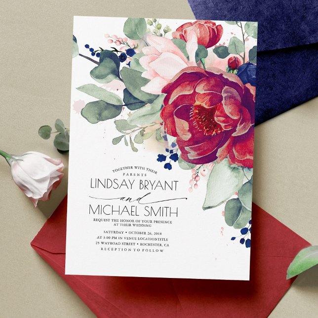 Convite Casamento Elegante Azul Floral Marinho Blush Burgu (Burgundy Red and Navy Blue Floral Wedding Invitations)