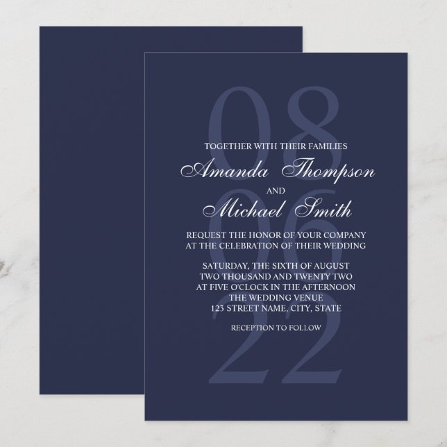Convite Casamento Elegante Azul marinho (Frente/Verso)