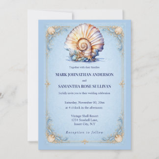 Convite Casamento elegante azul marinho concha de praia em