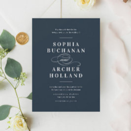 Convite Casamento Elegante Azul Marinho de Caligrafia Româ