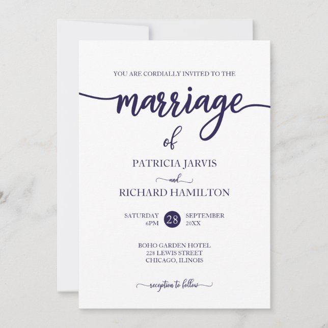 Convite Casamento Elegante Azul Marinho e Branco em Letra  (Frente)