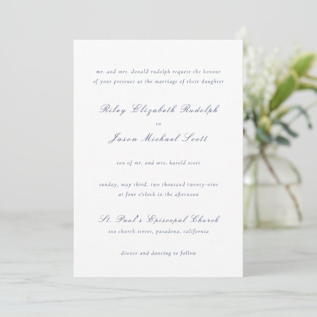 Convite Casamento Elegante Azul-Marinho Limpo (Em pé/Frente)