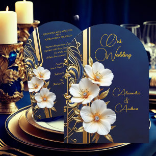 Convite Casamento Elegante Azul Naval Dourado Floral Diama