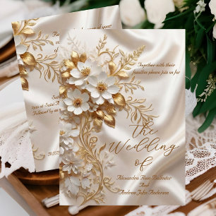 Convite Casamento Elegante Bege Branco Dourado Floral Seda