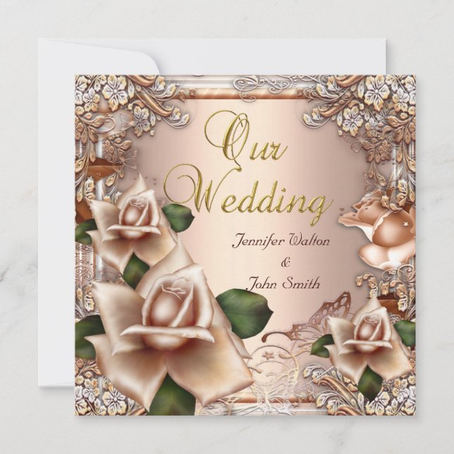 Convite Casamento Elegante Bege Creme Dourado Rosa (Frente)
