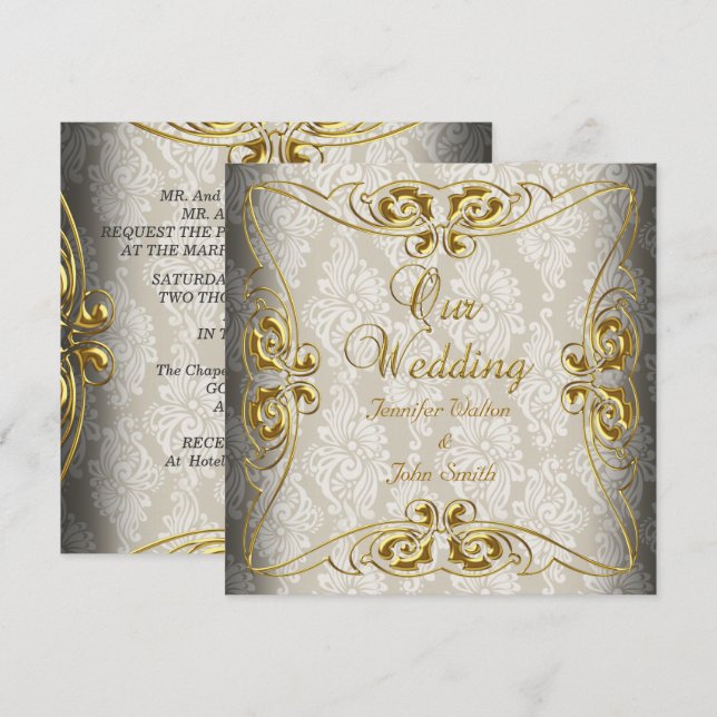Convite Casamento Elegante Bege Dourado Damasco (Frente/Verso)