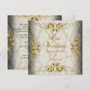 Convite Casamento Elegante Bege Dourado Damasco