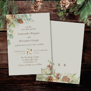 Convite Casamento Elegante Bege Pinheiro Verde Inverno