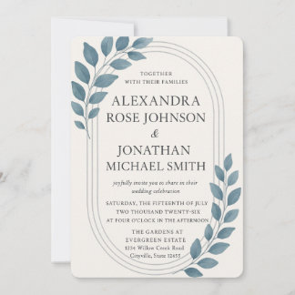 Convite Casamento Elegante Blue Greenery & Silver Oval