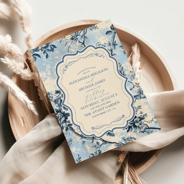 Convite Casamento Elegante Blue Toile De Jouy (Criador carregado)