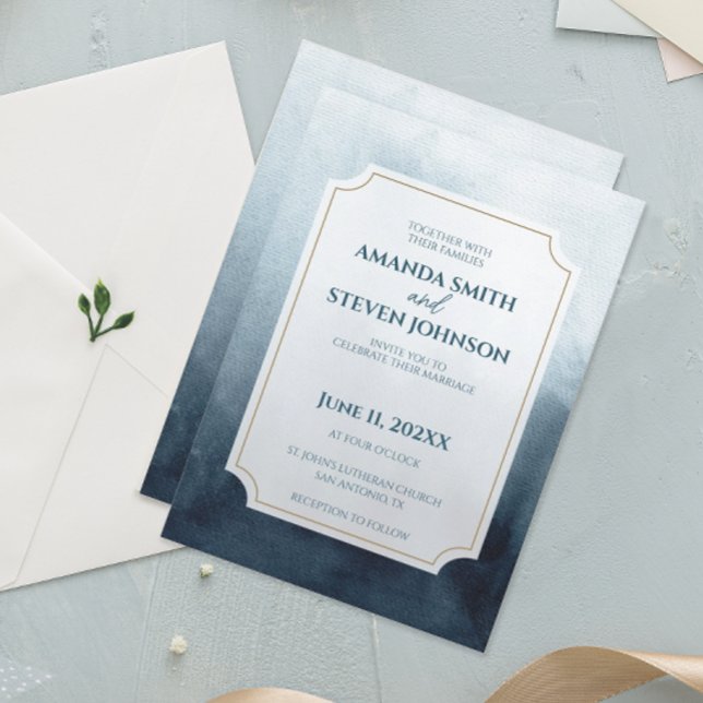 Convite Casamento Elegante Blue Watercolor (Modern abstract blue watercolor wedding invitation)