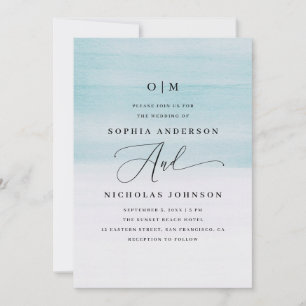 Convite Casamento Elegante Blue Watercolor - Script Náutic
