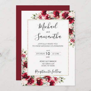 Convite Casamento Elegante Blush e Rosa vermelha