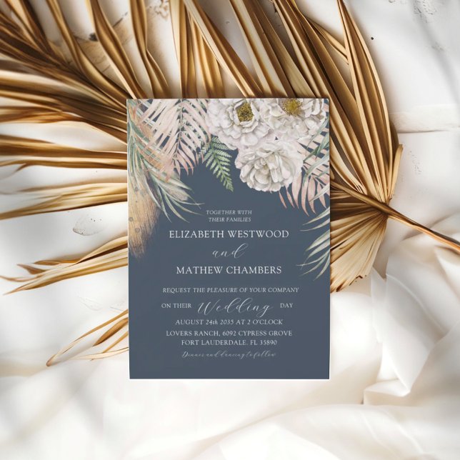 Convite Casamento Elegante Boho Azul com Grama Pampas (Criador carregado)