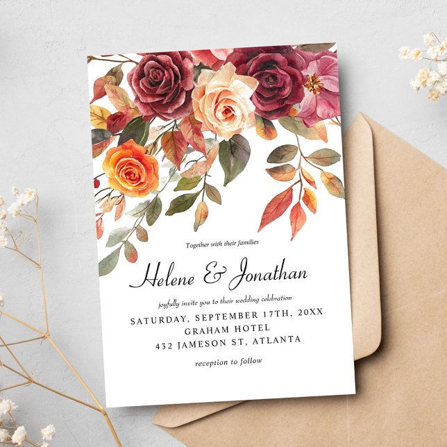 Convite Casamento Elegante Boho Boho Laranja Laranja Burgu (Burgundy Orange Watercolor Boho Elegant Wedding Invitation)