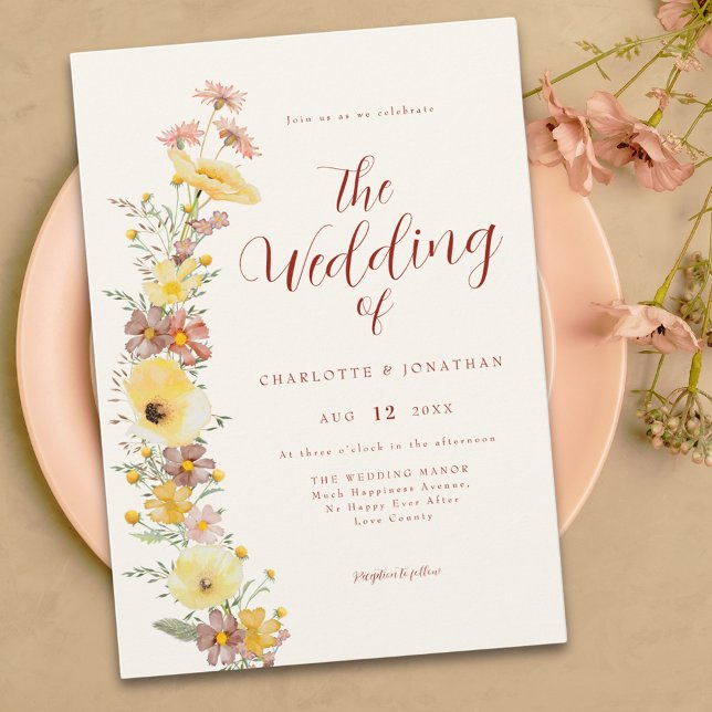 Convite Casamento Elegante Boho com Flores Silvestres (Boho chic wildflower yellow burnt orange peach wedding invitation )