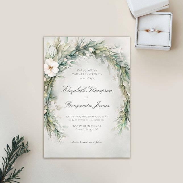 Convite Casamento Elegante Boho de Natal de inverno (winter wedding invitation christmas dreamy watercolor greenery botanical floral frame elegant boho)