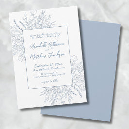 Convite Casamento Elegante Botânico Azul Empoeirado