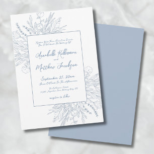 Convite Casamento Elegante Botânico Azul Empoeirado
