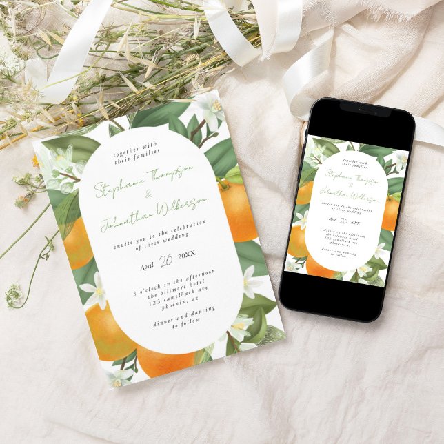 Convite Casamento Elegante Botânico de Mandarim Laranja (Mandarin orange wedding invitation)