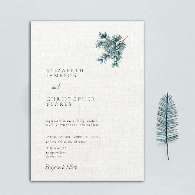 Convite Casamento Elegante Botânico De Pinho Minimalista D (minimalist winter wedding invitation pine tree branch botanical mountain holidays snow elegant)