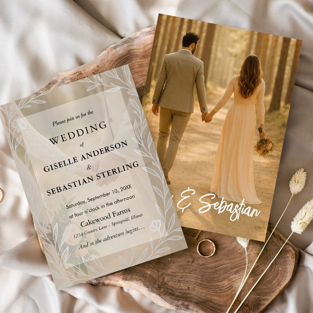 Convite Casamento Elegante Botânico Neutro de Sobreposição (Criador carregado)