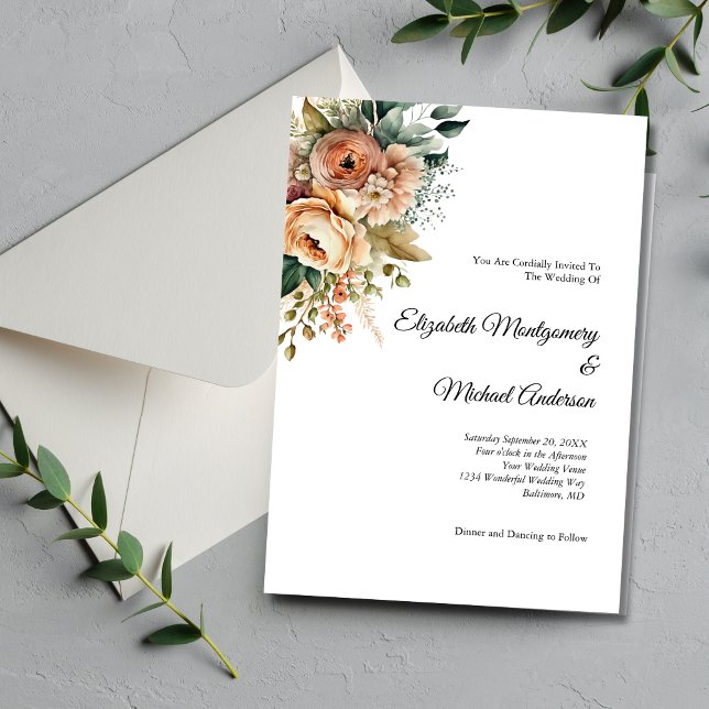 Convite Casamento Elegante Botânico Peach Floral Watercolo (Peach Floral Flowers Greenery Botanical Watercolor Modern Elegant Wedding Invitation)